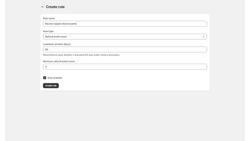 Create a refund-history rule with 60-day lookback