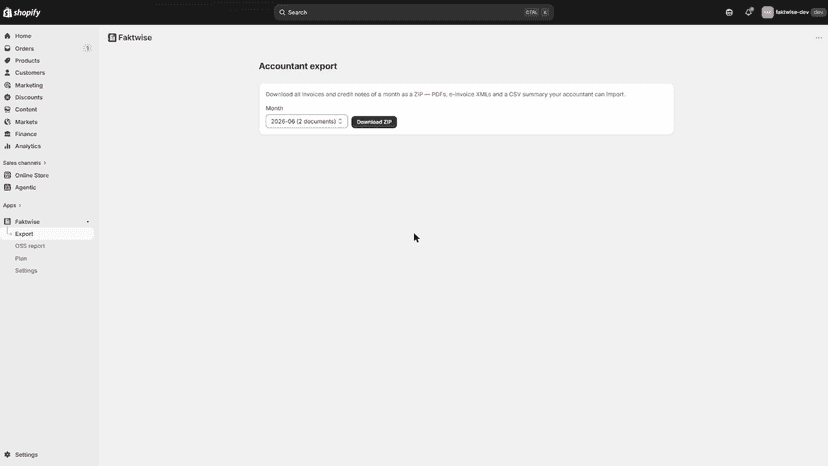 Monthly accountant export with PDFs, XMLs and CSV