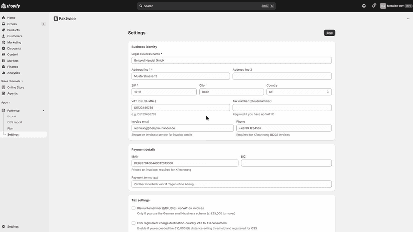 Business identity, payment and tax settings