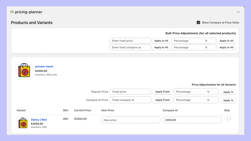 Price Planner- Bulk Price & Compare at Adjustment