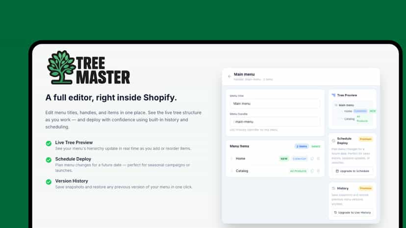 Tree Master Shopify app live menu editor with tree preview