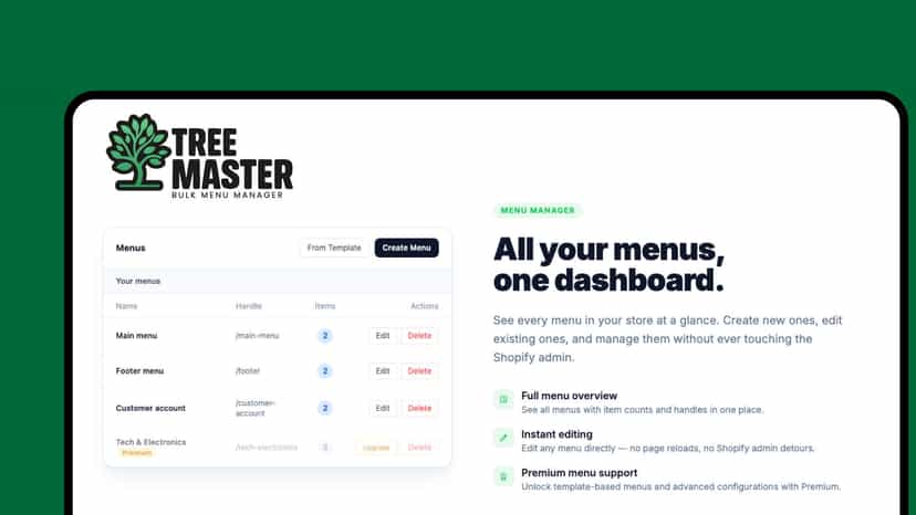 Tree Master Shopify app menu manager dashboard overview