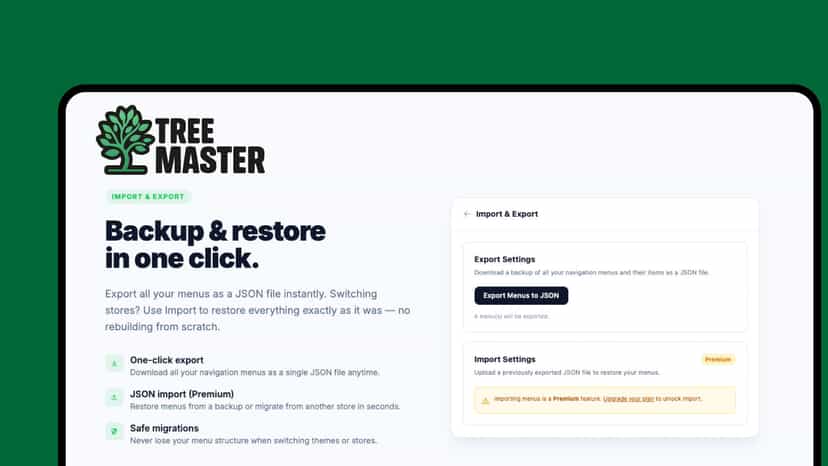Tree Master Shopify app backup and export menus as JSON