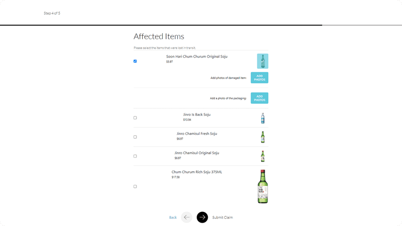 insurify | file claim | order found | Select defected items