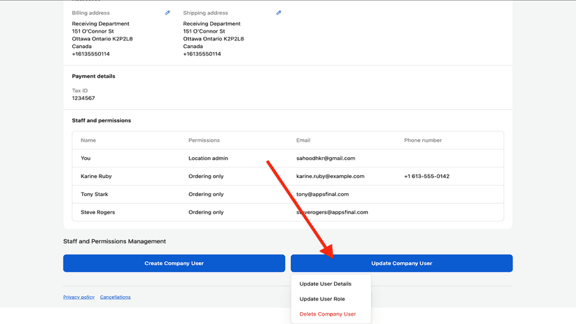 B2B Self-Serve Portal app user update