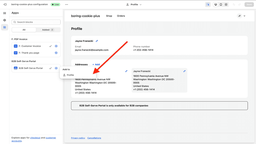 B2B Self-Serve Portal app embed adding screen