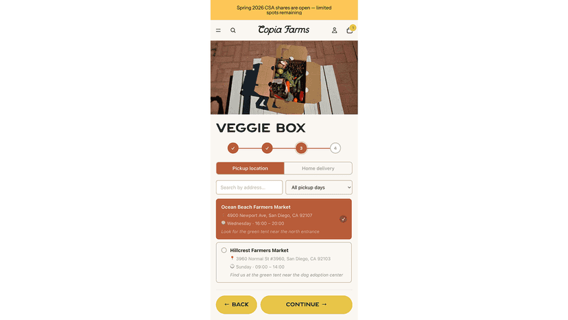 Mobile view of the CSA share product stepper user interface