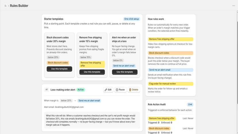 Profit Guard Rules Builder with starter templates panel open