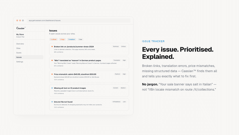 Screen showing page improvements needed on a store page