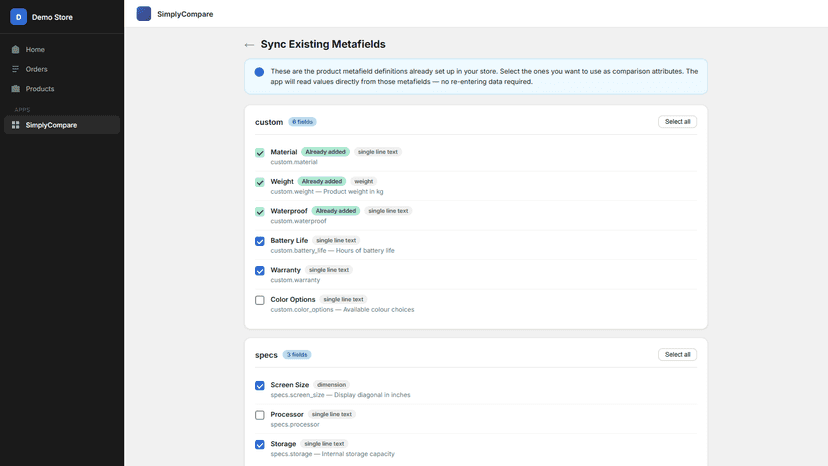 Sync page — namespace groups (custom, specs), checkboxes.