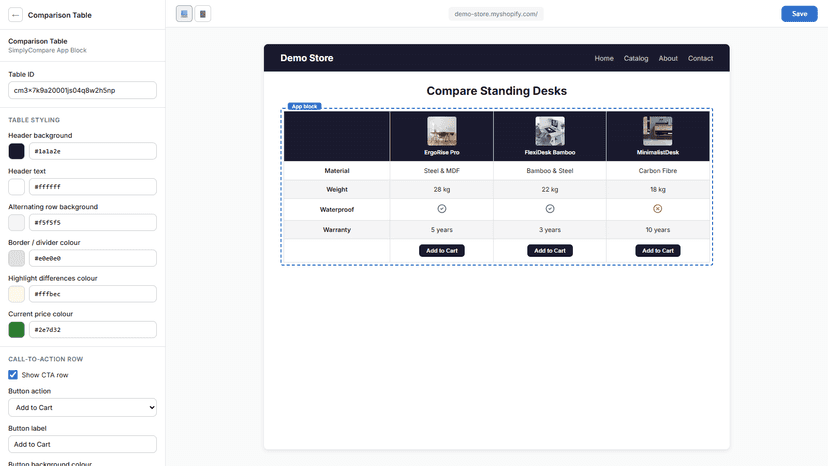 Theme Editor — settings sidebar (colour pickers, CTA options)