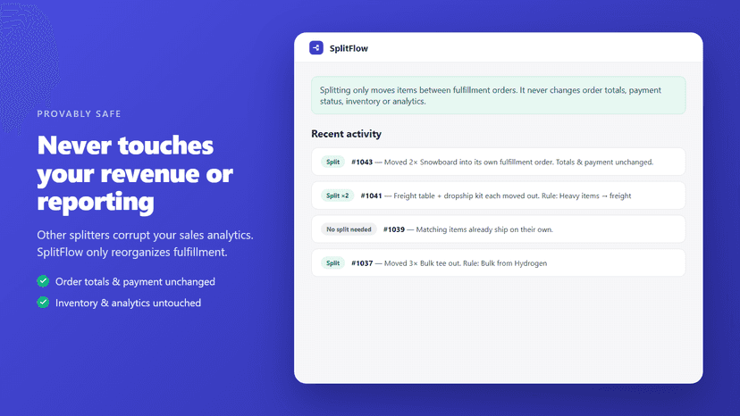 Reorganizes fulfillment only — never revenue or analytics