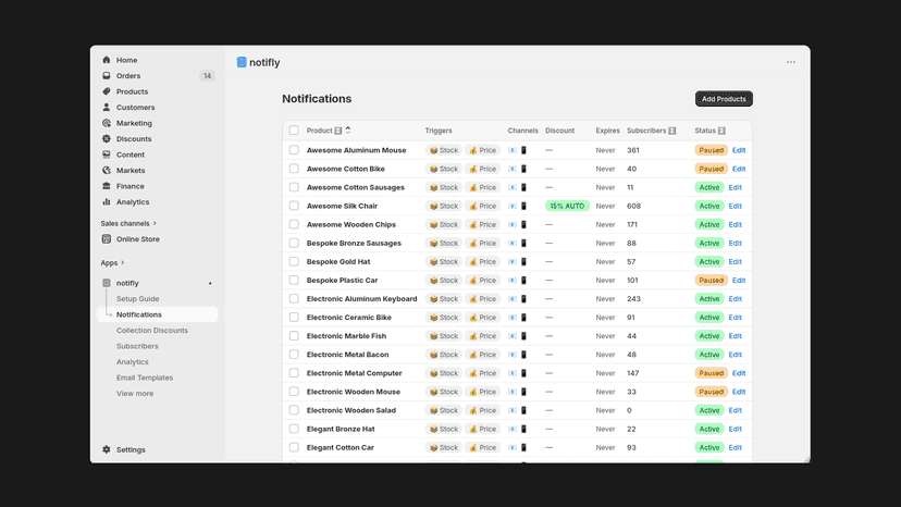 Notifly notifications list with product alerts and statu