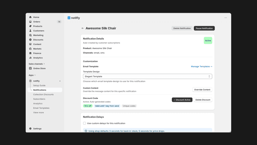 Notifly notification detail with template and discount settings