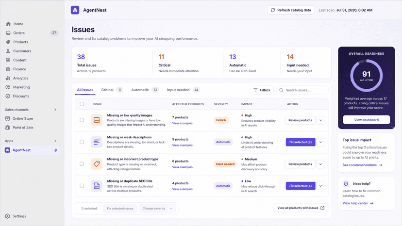 AgentNest issue dashboard with automatic and manual fixes
