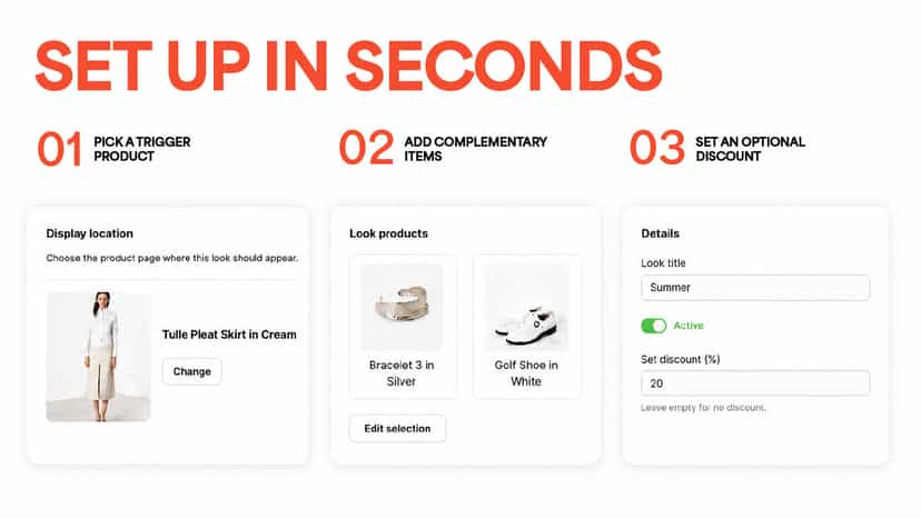 Three-step setup showing trigger product, look products, and dis