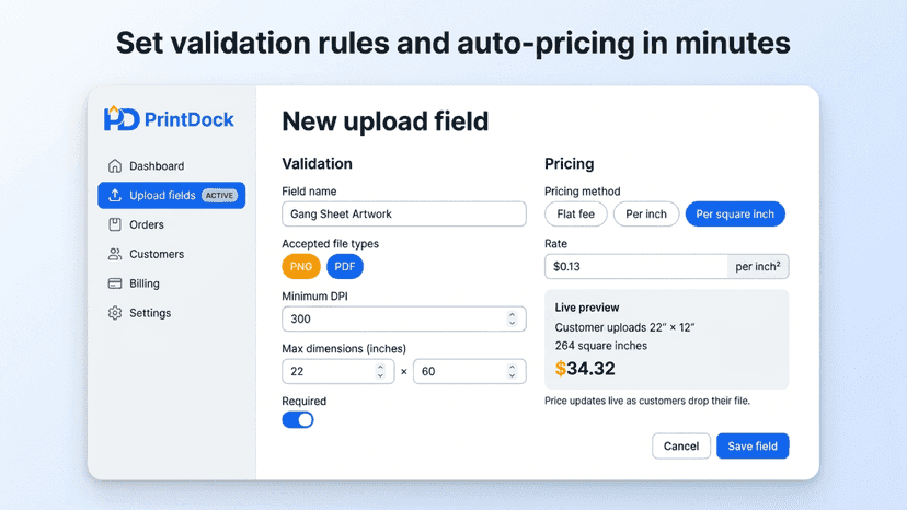 Create upload fields with validation and auto-pricing rules