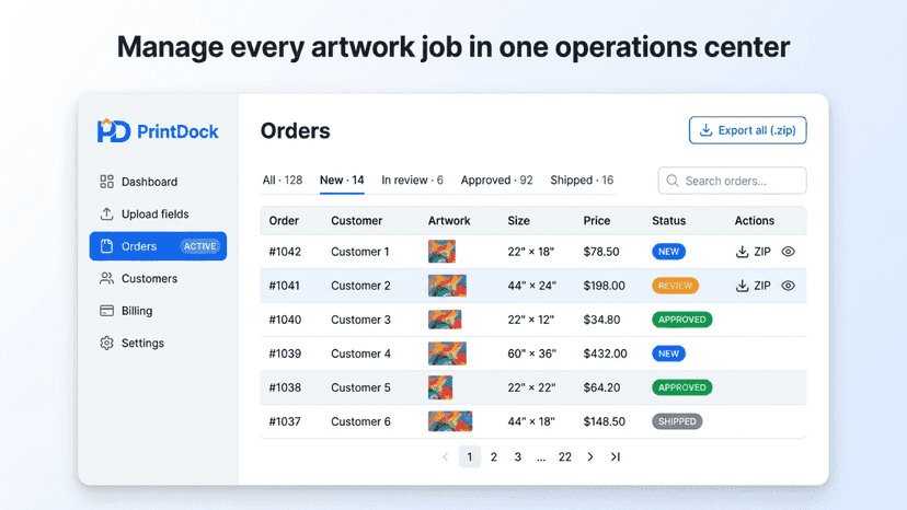 Operations center: track, review, approve & export artwork jobs