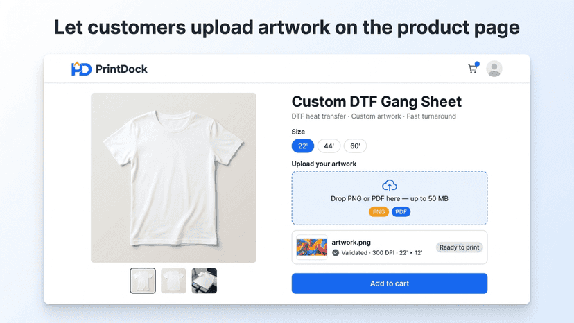 Upload artwork on the product page with validation & auto-price