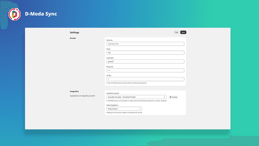 Pagina di configurazione impostazioni