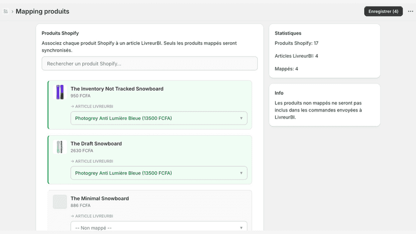 Mapping des produits Shopify aux articles LivreurBI