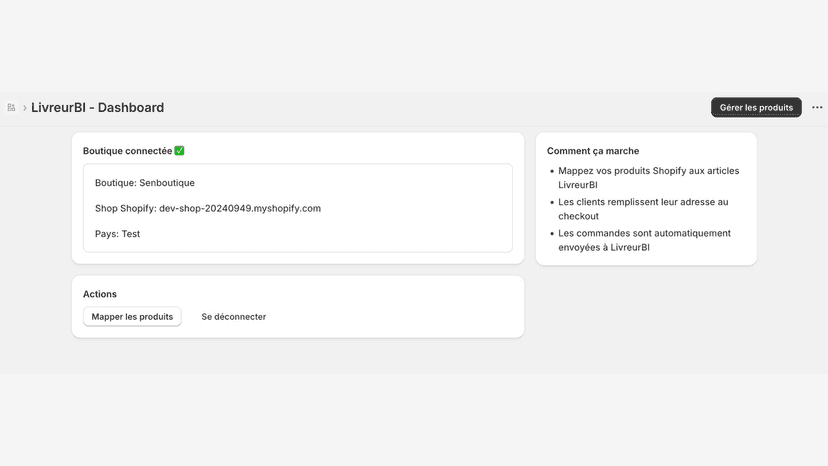 Dashboard avec boutique connectée et actions