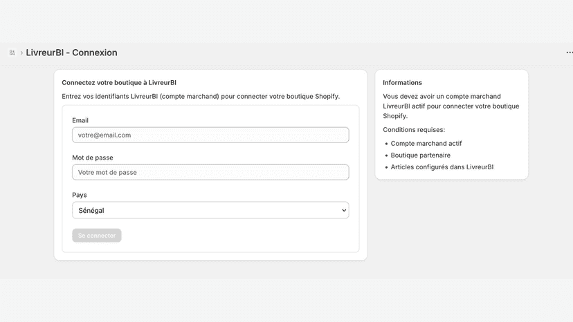 Connexion simple de votre boutique Shopify à LivreurBi