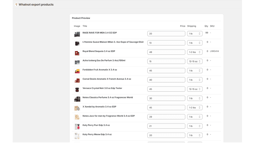 Preview of products to export