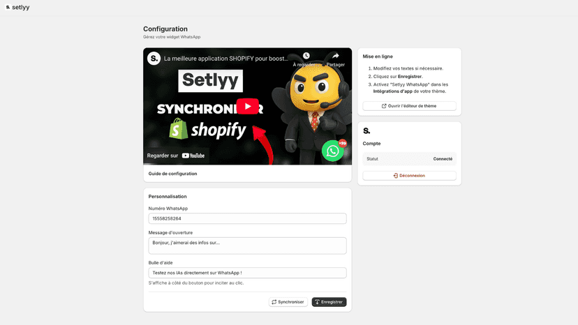 Main Page : Sync your store and set up your WhatsApp button.