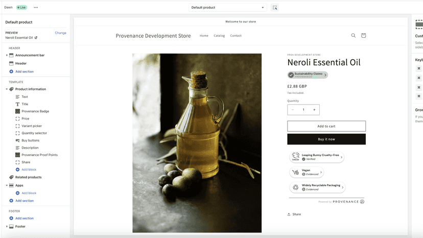 Add Provenance Badge and Proof Points blocks in theme editor.
