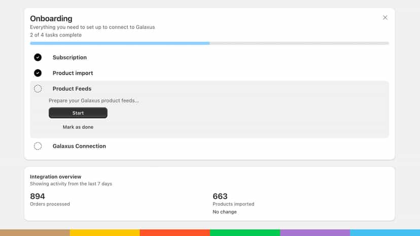 Onboarding overview with feed setup and Galaxus connection