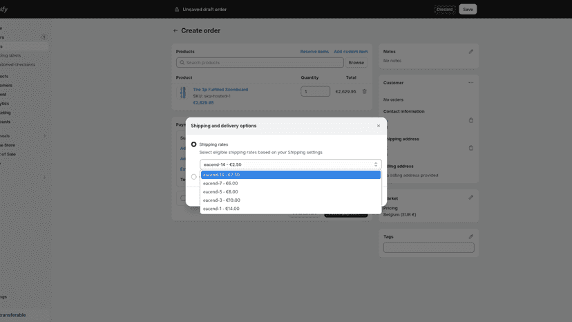 Eacend shipping options when creating an order
