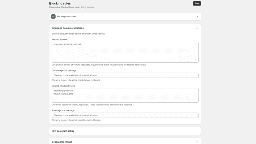 Blocking rules settings for email and country limits