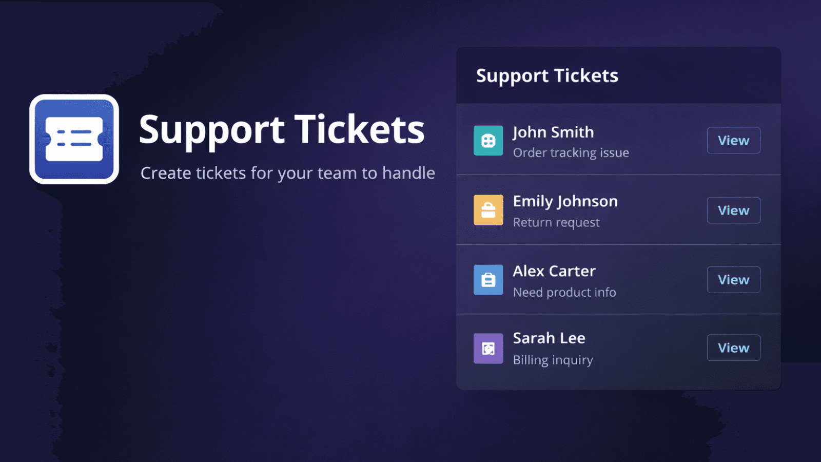 Support ticket dashboard showing customer issues
