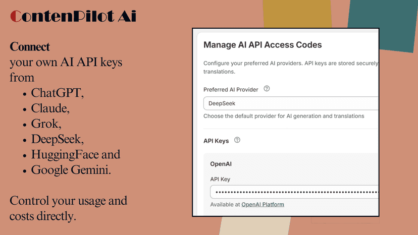 Connect your own AI API keys from ChatGPT, Claude, Grok, etc