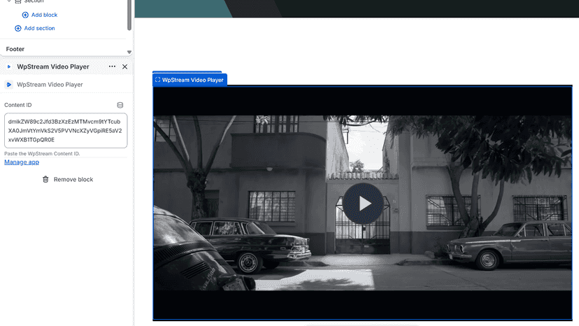 WpStream Video Player block settings in Shopify theme editor