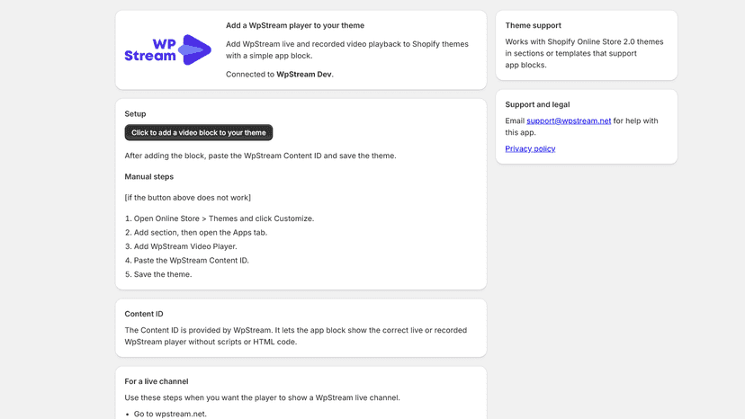 WpStream Video Player app setup in Shopify admin