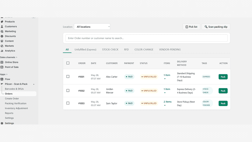 Fulfillment and packing management dashboard interface