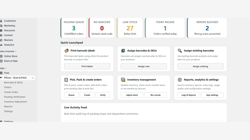 Warehouse dashboard with barcode scan and pack workflow