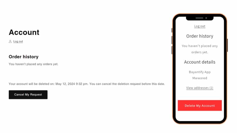 Shopify app account page allowing customers to delete accounts