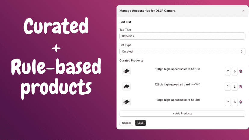 Add automatic or manually selected products for tabs
