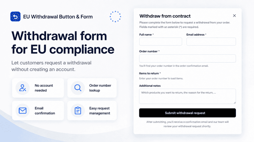 Storefront withdrawal form, no login required