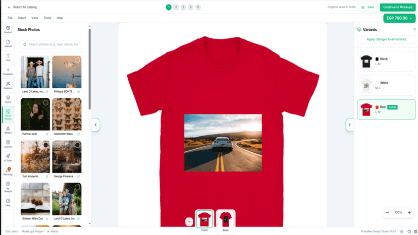 PrintaRex design studio with T-shirt mockup and customization to