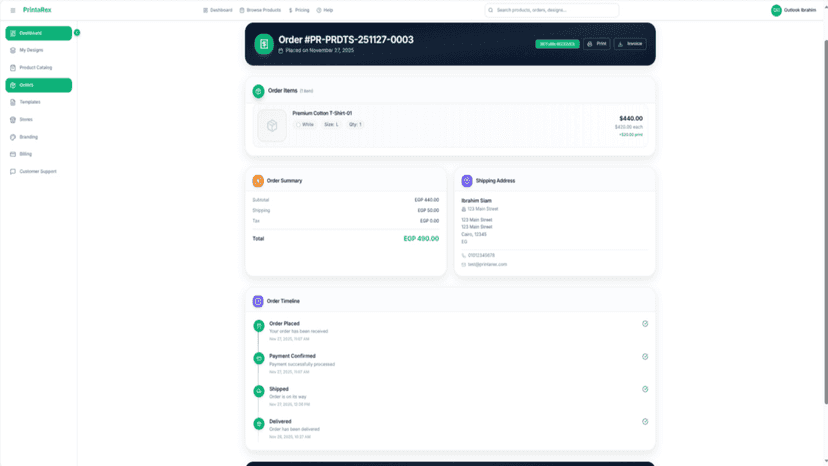 Order dashboard showing automatic fulfillment status and trackin