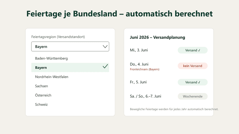 Auswahl der Feiertagsregion: Bundesland, Österreich, Schweiz