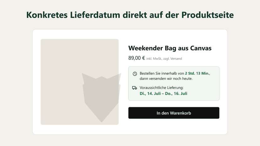 Produktseite mit Versand-Countdown und Lieferdatum-Widget