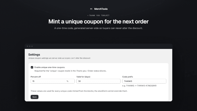 Admin settings for the unique one-time coupon