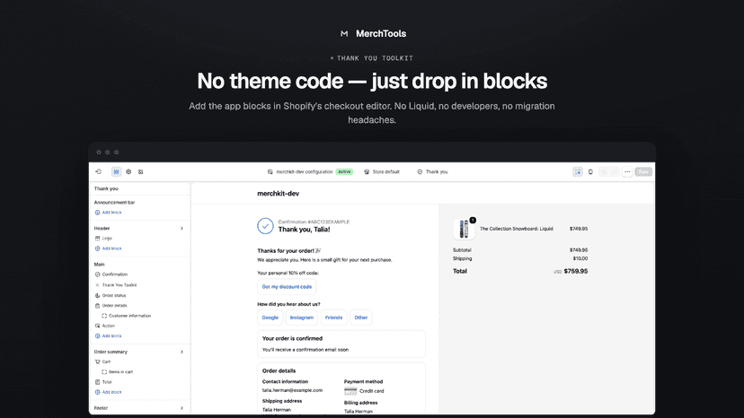 Checkout editor adding the app blocks, no theme code