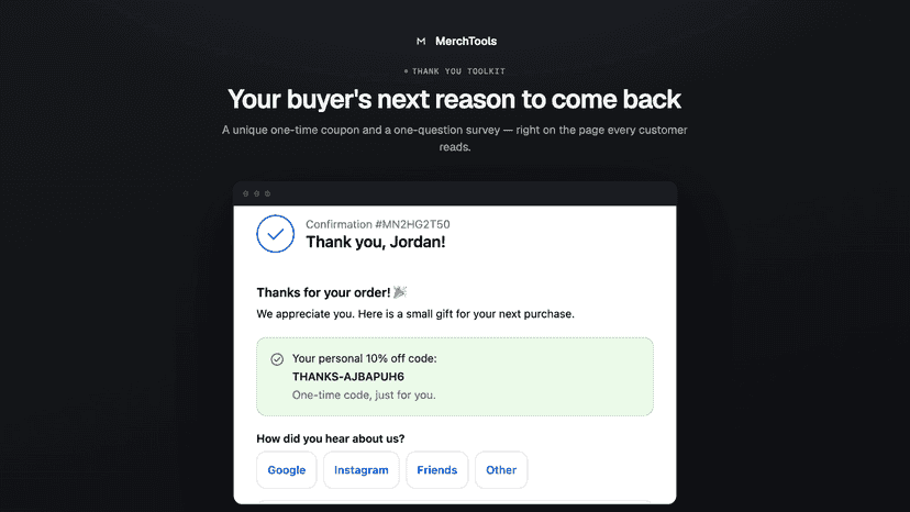 Thank-you page with a coupon code and survey block