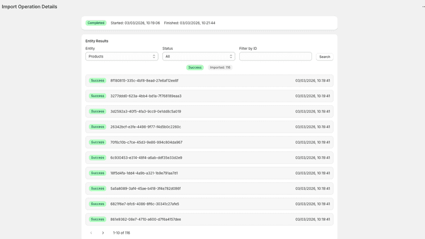 Import status screen